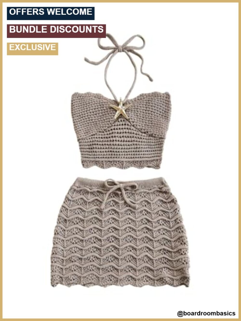 Crochet Halter Crop Top Mini Skirt Set Sleeveless Pull On 2 Piece Beach